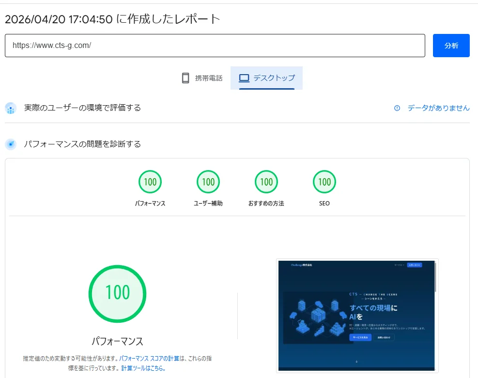 PageSpeed Insights デスクトップ評価: www.cts-g.com がパフォーマンス 100 / ユーザー補助 100 / おすすめの方法 100 / SEO 100 の全カテゴリ満点を獲得